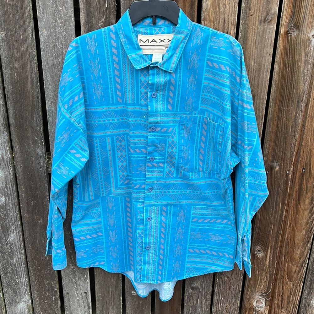 Maxx Fm Shirt Men's Medium Southwest USA Vintage 90s Cotton Teal Blue Gray